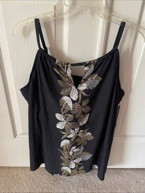 Miraclesuit Black Swim Tank/Top with Gold and White Floral Detail